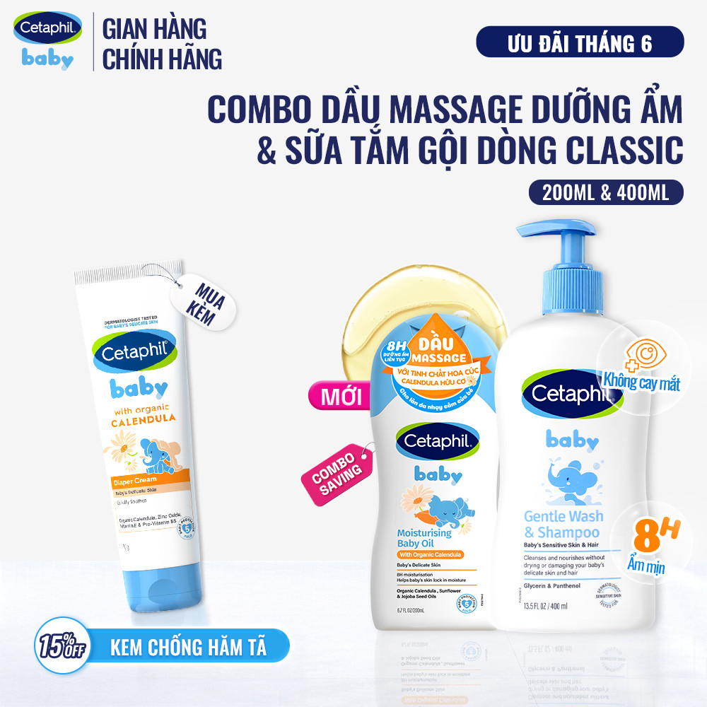 Combo Sữa tắm gội dịu lành cho bé GENTLE W&S 400ML & Dầu massage dưỡng ẩm làm dịu da bé Calendula Baby Oil 200ml