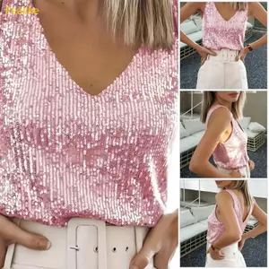 Pealike Nữ Không Tay Sparkles Shimmer Camisole Vest Lấp Lánh Sequins Tank Tops