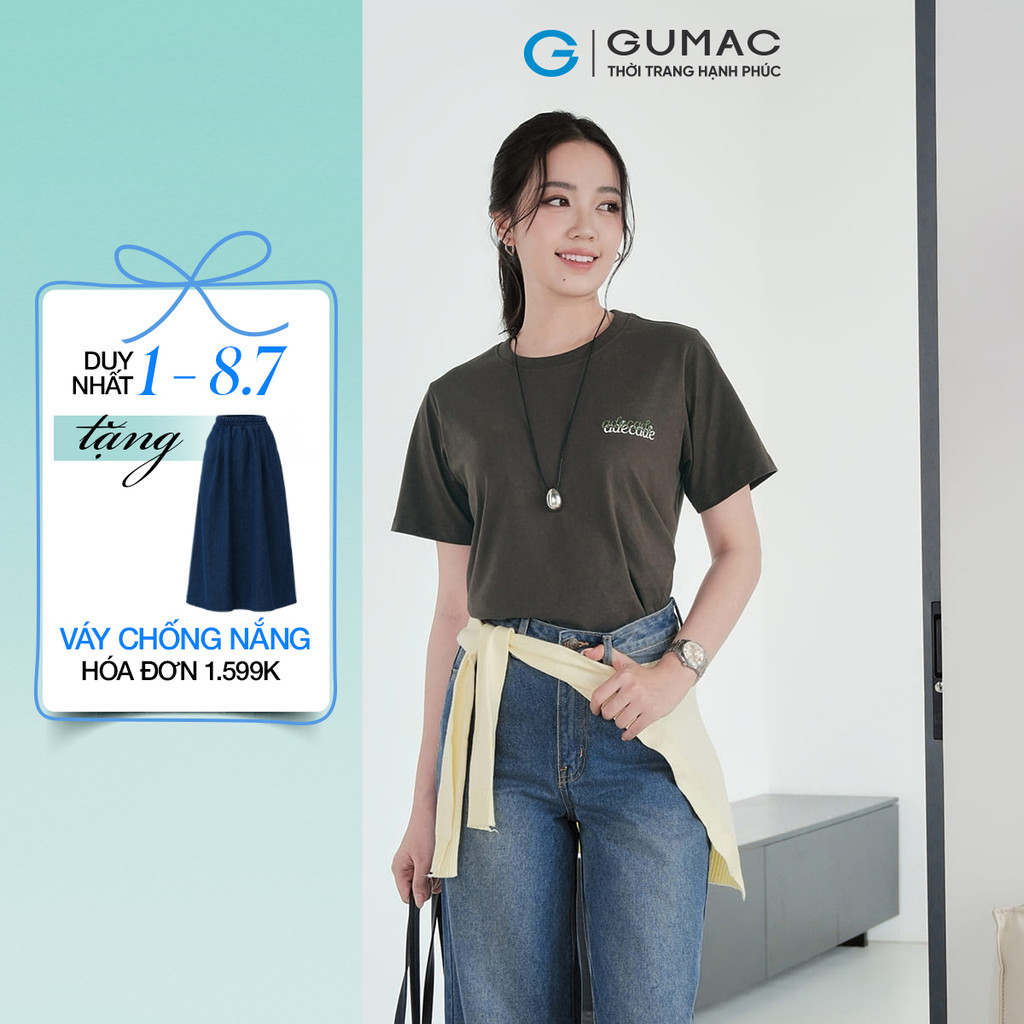 Áo Thun Nữ GUMAC Form Regular Cổ Tròn Tay Ngắn Thêu Chữ Adecade Tối Giản Trẻ Trung ATF09006