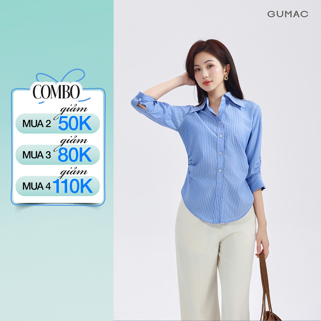 Áo Sơ Mi Nữ GUMAC Áo Kiểu Công Sở Kẻ Sọc Tay Lửng Chiết Ly Eo Tôn Dáng Vải Kate Cao Cấp AF01024
