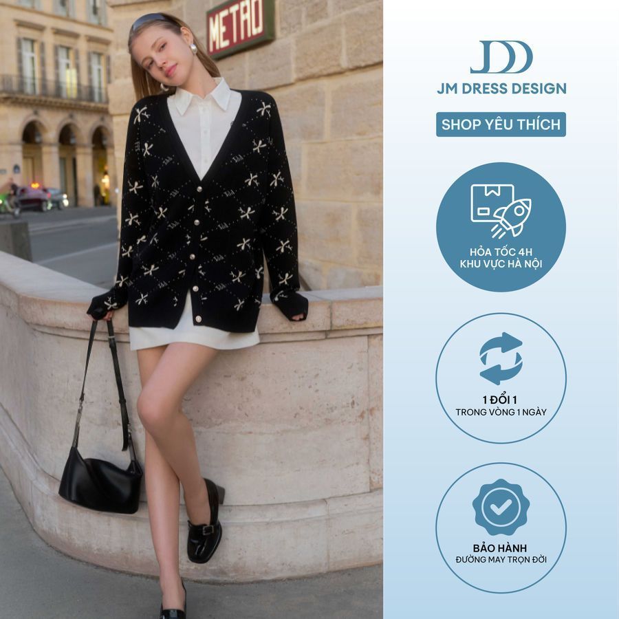 Áo Cardigan Dáng Dài Họa Tiết Parisian Chic 2K08.2510. Áo Len Cardigan Dáng Dài. Áo Cardigan Thu Đông Thiết Kế Bởi JM