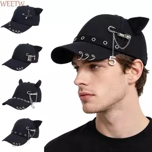 Mũ bóng chày tai mèo WEETW, Pin Hiphop Vòng kim loại Mũ bóng chày, Phong cách Hàn Quốc giản dị Punk Cay Girls Đạt đỉnh mũ mùa hè