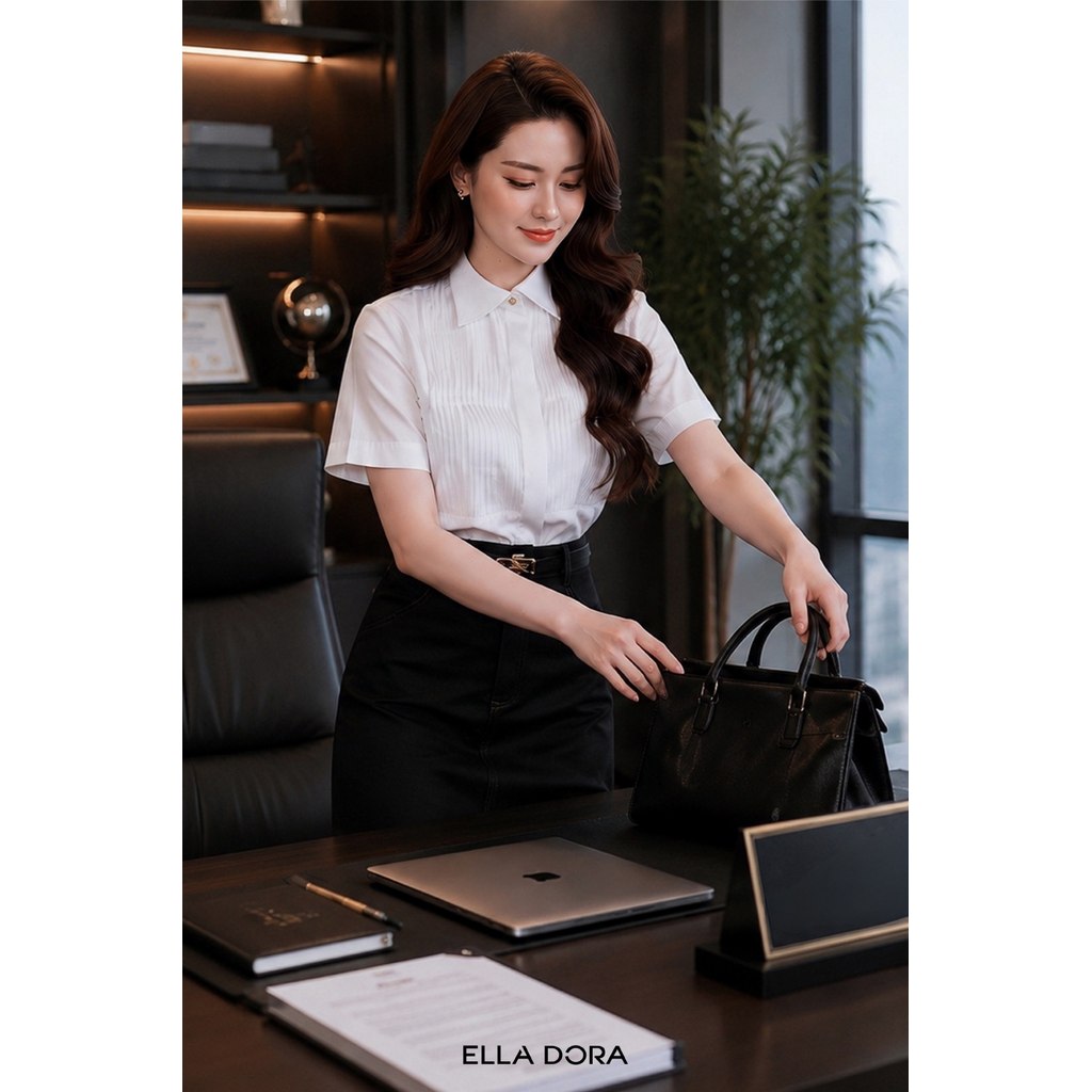 Áo sơ mi trắng nữ ELLA DORA ngắn tay thiết kế ly hợp cúc giấu form gọn thanh lịch công sở [SM170]