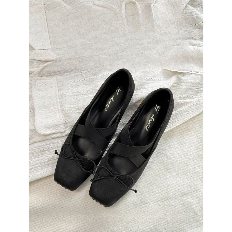 Phong Cách Pháp Mũi Vuông Nơ Giày Ba Lê Nữ Satin Bên Trong Tăng Chiều Cao Mary Jane Giày Đậu Hà Lan