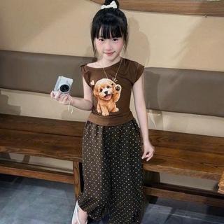 S330-[tomnaukids] Set áo lệch ép hình cún phối quần chấm bi bo chun cho bé gái size từ 8-35Kg