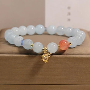 Vòng tay đính cườm Aquamarine dành cho nữ - Hạt trong suốt Icy-Mặt dây chuyền bầu vàng-Trang trí kim cương-Áo đàn hồi-Quà quyến rũ may mắn thủ công mới của Trung Quốc