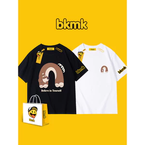 Bkmk in hình chó mùa hè áo thun dáng rộng cặp đôi hợp thời trang nam ngắn tay lười gió áo thun cotton nguyên chất 0704