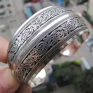 PNPIA- Mạ Bạc Tây Tạng Totem Lắc Tay Trang Sức Vòng Tay Rộng Antic Nữ