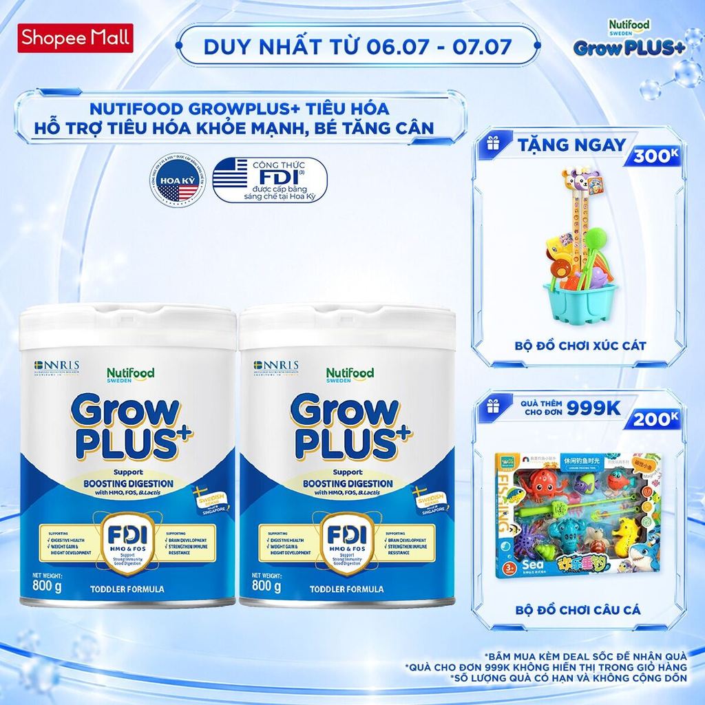 Combo 2 Sữa bột Nutifood Sweden GrowPLUS+ Tiêu Hóa (Xanh Nhạt) 1+ - Tiêu hóa khỏe, tăng cân (Lon 800g)