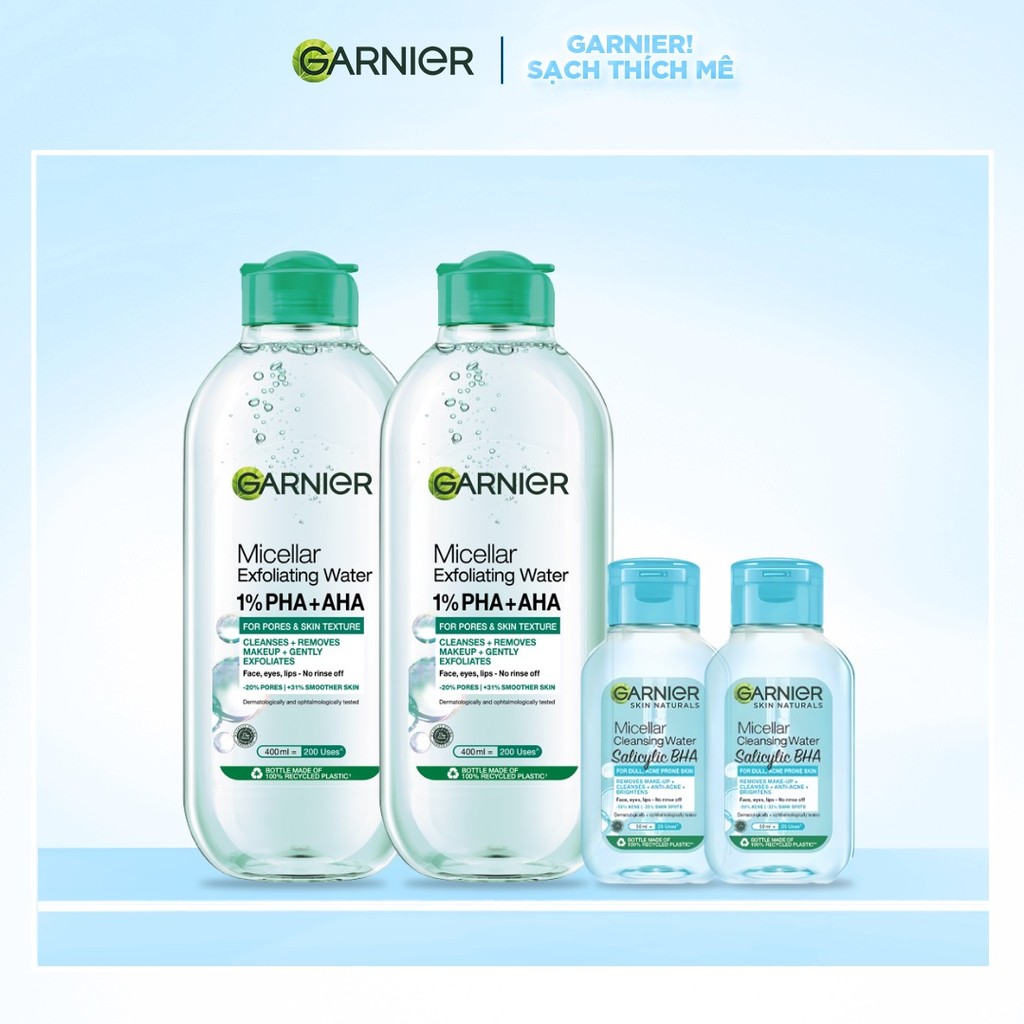 Bộ 2 nước Tẩy Trang làm sạch sâu dịu nhẹ cho mọi loại da - Garnier Micellar Cleansing Water 400mlX2 (Kèm quà 50mlX2)