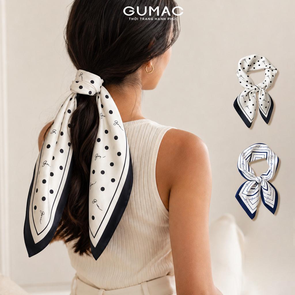 Khăn Lụa Vuông 69x69cm Nữ Cao Cấp Họa Tiết Logo GUMAC, Khăn Choàng Cổ Họa Tiết Thanh Lịch GUKLUV0626