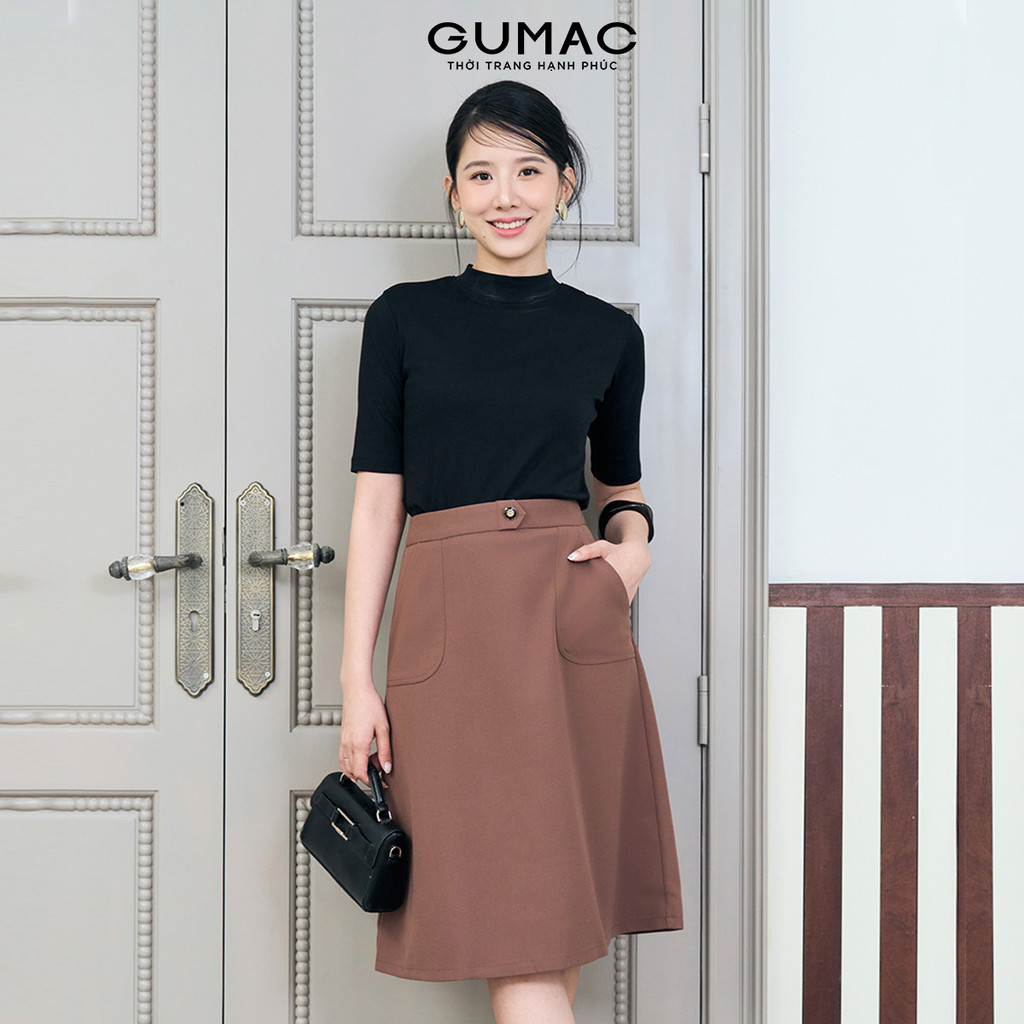 Chân Váy Nữ Dáng A Xòe GUMAC Cơ Bản Có Túi Đắp Kèm Nút Trang Trí Chất Tuyết Mưa Đứng Form LVE1202