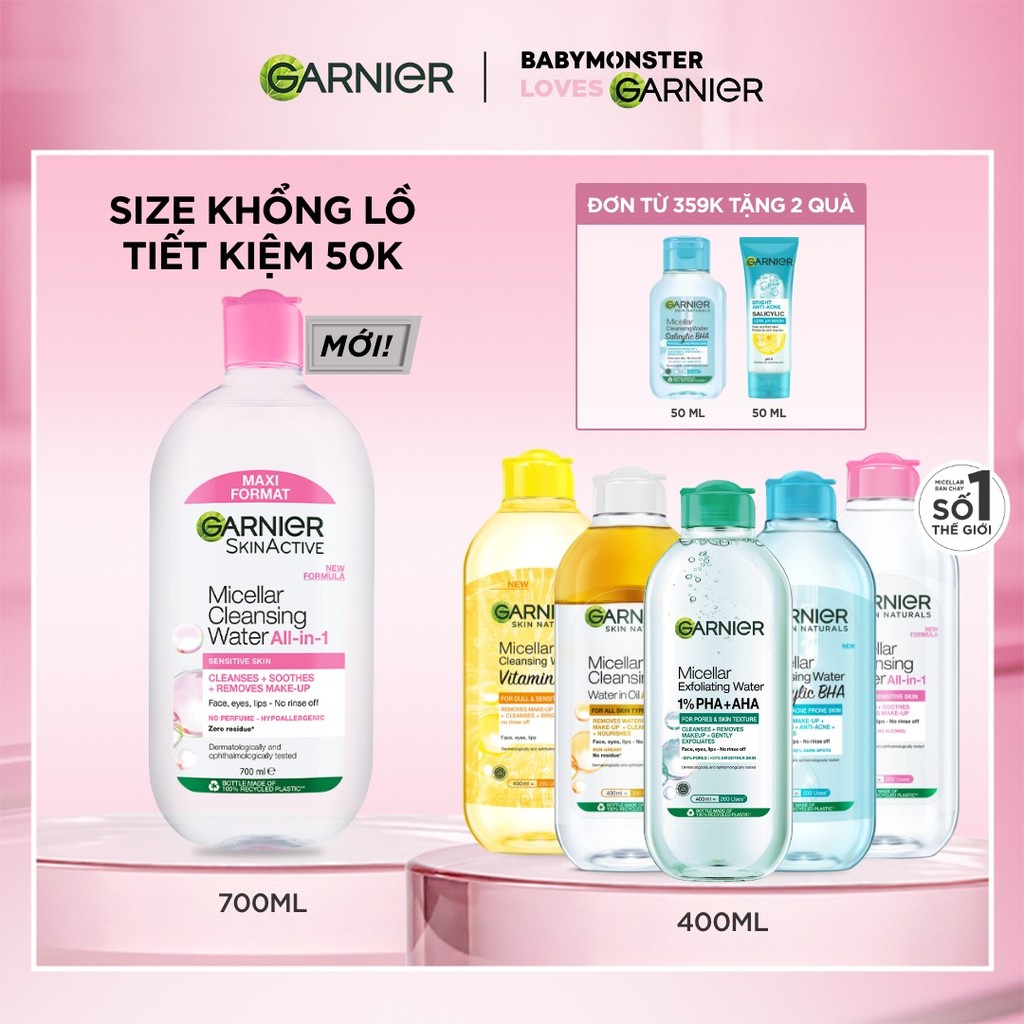 [CÓ SIZE MỚI] Nước Tẩy Trang làm sạch sâu dịu nhẹ cho mọi loại da - Garnier Micellar Cleansing Water 400ml & 700ml