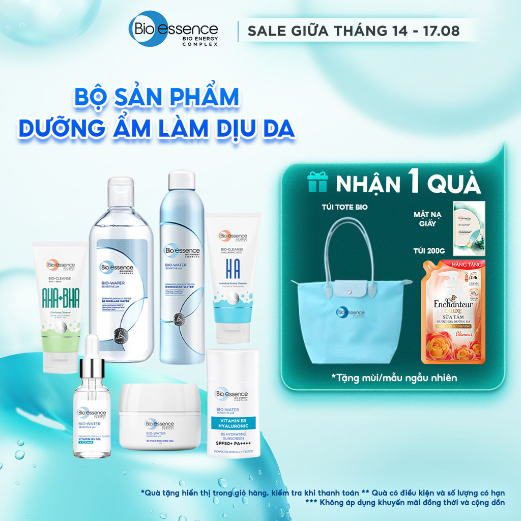 Bộ Bio-essence Water: Xịt Khoáng 300ml, Tinh Chất Serum 30ml, Kem Dưỡng, Tẩy Trang, Kem Chống Nắng –Dưỡng Ẩm Làm Dịu Da