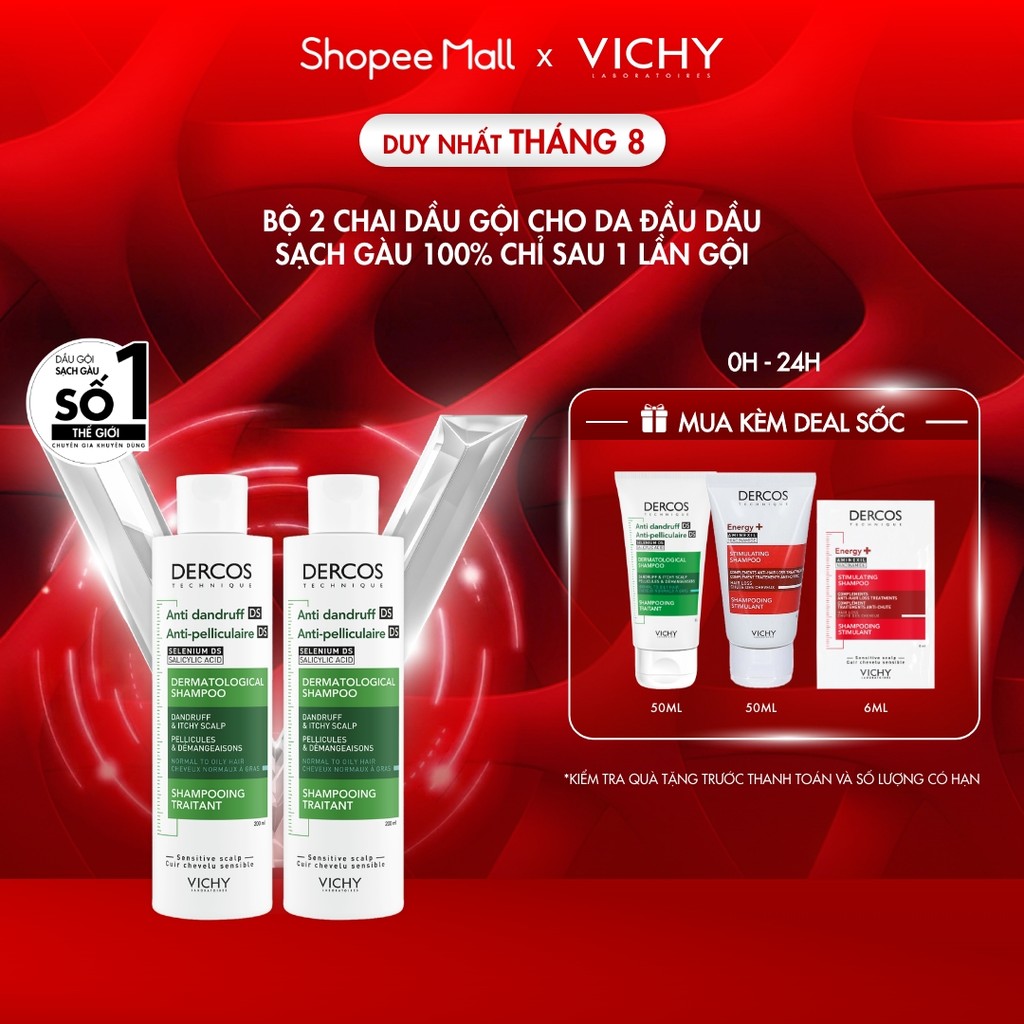 Bộ 2 Dầu gội sạch gàu Dercos VICHY 100% chỉ sau 1 lần gội dành cho da dầu ngứa SỐ1 Việt Nam chuyên gia khuyên dùng 200ml