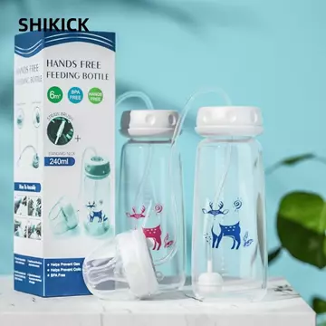 Bình sữa rảnh tay SHIKICK, Bóng trọng lực có bàn chải rơm Bộ bình sữa, Bình trữ sữa tự ăn cổ bình 8oz / 240ml cho bé từ 3 tháng tuổi trở lên