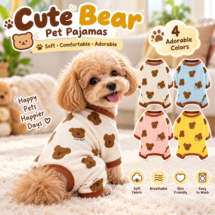 Bộ đồ ngủ thú cưng gấu dễ thương cho chó mèo, Bộ áo liền quần 4 chân thoáng khí mềm mại, Quần áo chó con thoải mái cho chó nhỏ, Teddy Poodle Shih Tzu