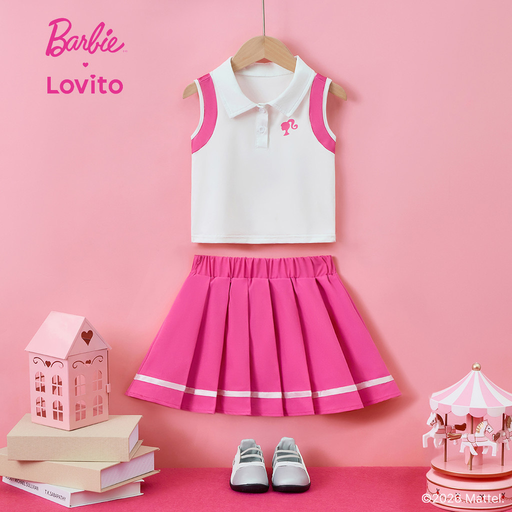 Barbie™ X Lovito Kids Phong cách thường ngày Bộ váy xếp ly dễ thương với nút cài cho mùa xuân/hè màu hồng dành cho bé gái KSBL3PAD056