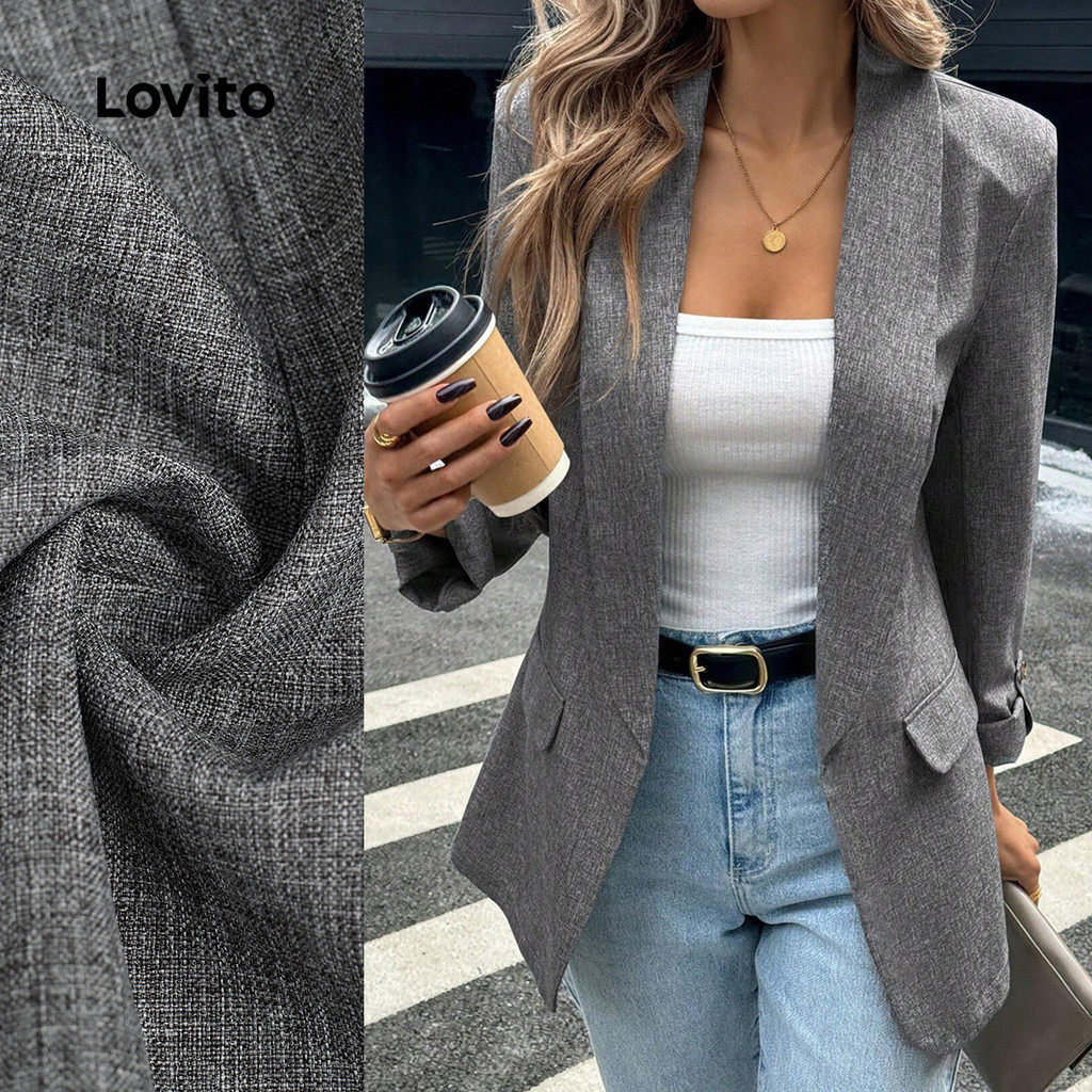 Lovito Áo blazer xám thanh lịch cúc cài thu đông dành cho nữ BZBR37BR152