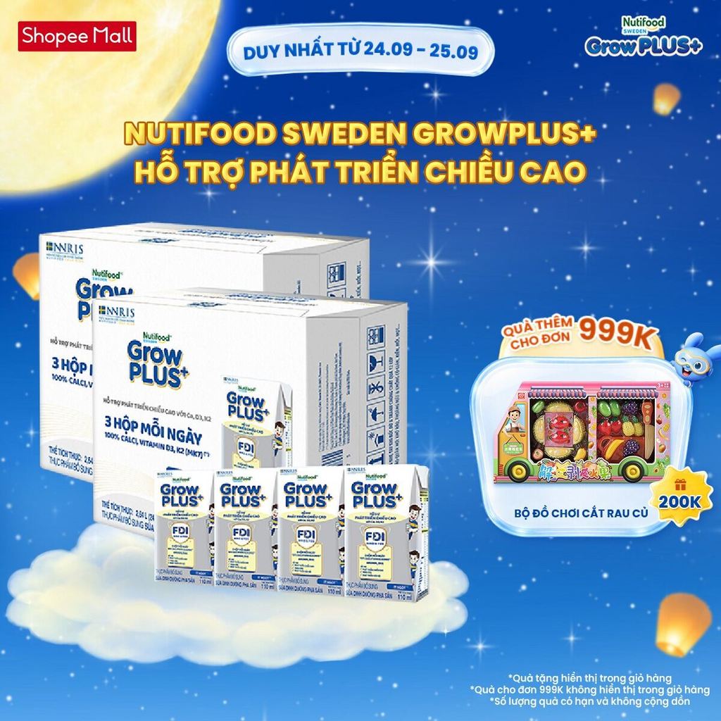 Combo 2 Thùng 24 Hộp Sữa Bột Pha Sẵn Nutifood Sweden GrowPLUS+ Cao lớn vượt trội hộp 110 ml