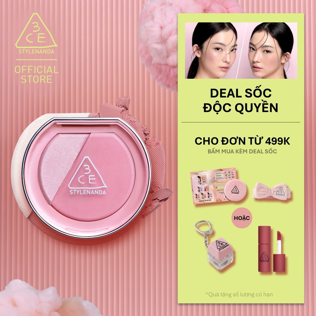 Phấn Má Hồng Bắt Sáng 3CE Blushlighter 2-Trong-1 Đa Năng, Dễ Tán, Tệp Da, Lâu Trôi, Rạng Rỡ Suốt Ngày Dài