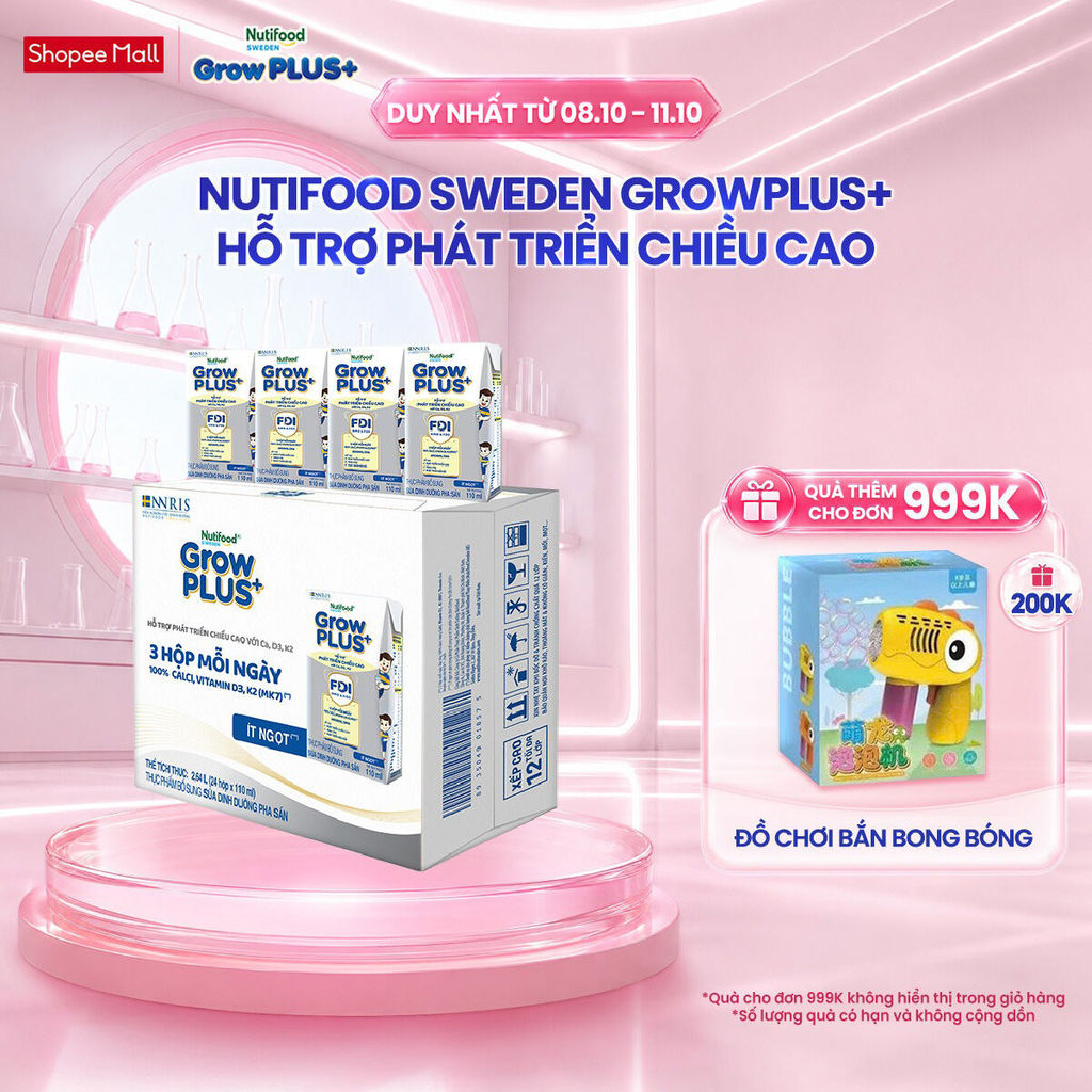 Thùng 24 hộp Sữa Bột Pha Sẵn Nutifood Sweden GrowPLUS+ Cao lớn vượt trội Height hộp 110 ml