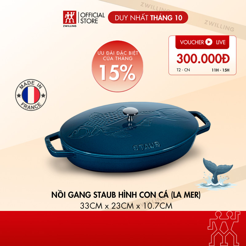 Chảo gang đúc tráng men STAUB Oven Dish Fish (Hình con cá) 33cm/2.8L, sản xuất tại Pháp, phù hợp ninh hầm