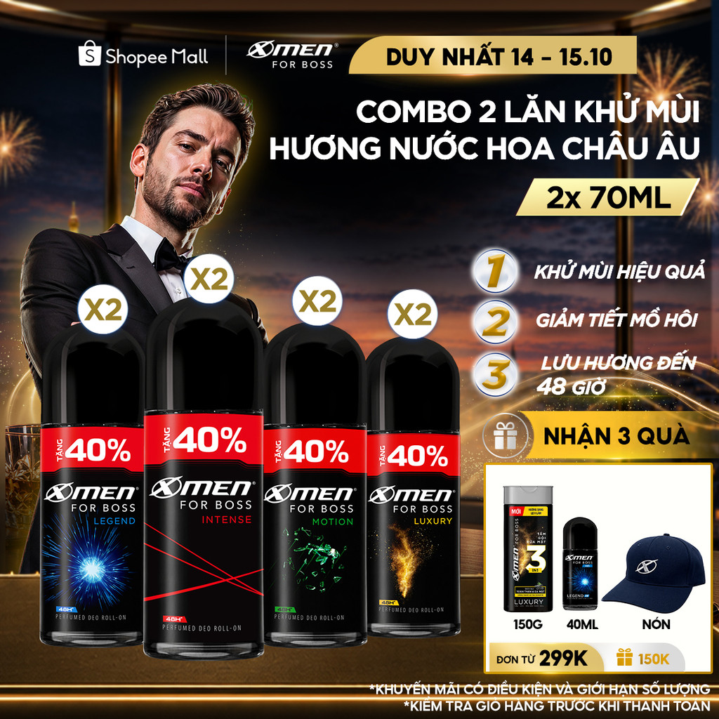 [Tặng thêm 40% dung tích] Combo 2 Lăn khử mùi X-Men For Boss Intense/ Luxury/Legend/Motion 70ml/chai