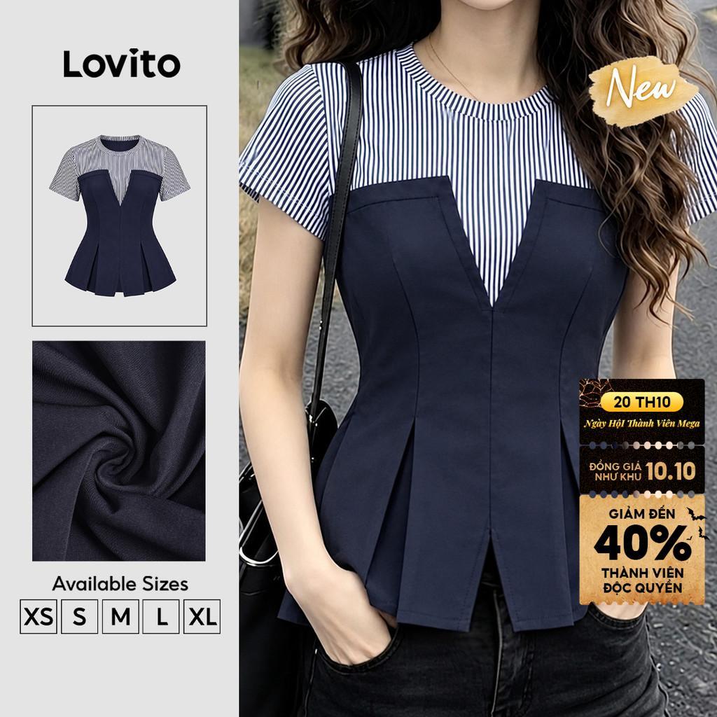 (New Arrival) Lovito Áo kiểu nữ màu Xanh dương đậm họa tiết sọc Tay ngắn cổ tròn giả 2 Trong 1 xếp Ly hình học Phong cách thường ngày mùa xuân hè cuối tuần BLK10P1D684