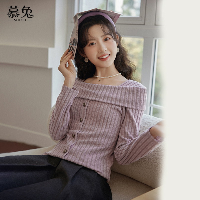 Mutu Một Vai Dài Tay Dệt Kim Top Nữ Mùa Xuân 2026 Phong Cách Mới Pháp Slim-Fit Áo Len Cao Cấp Đáy Áo Sơ Mi