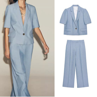 áo khoác Zara made in Morocco blazer lửng xanh lam nhạt ngắn tay cổ ve 1 khuy và quần âu cùng bộ
