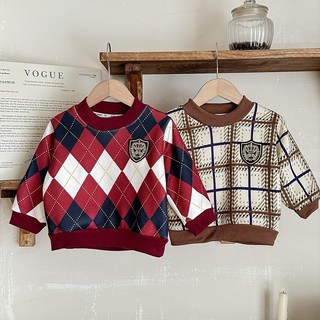 (6m-12Yrs) Áo nỉ lụa sữa cho trẻ em mới - Áo len dệt kim lót lông cừu có cổ tròn & họa tiết kẻ sọc, Áo lót đế giữ nhiệt cho bé trai bé gái mùa thu đông