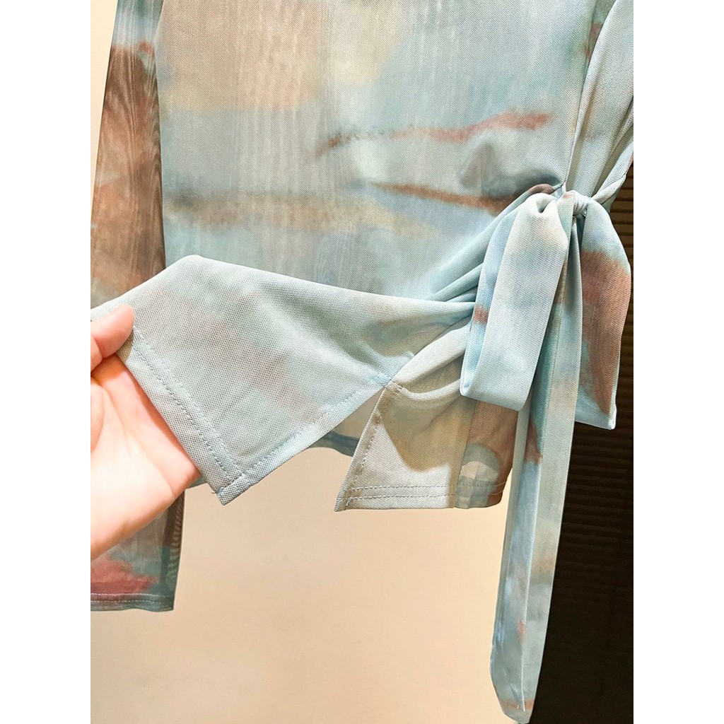 Milyfashion Tie-Dye In viền không đều dài tay gạc Top mỏng xuyên thấu Sunscre