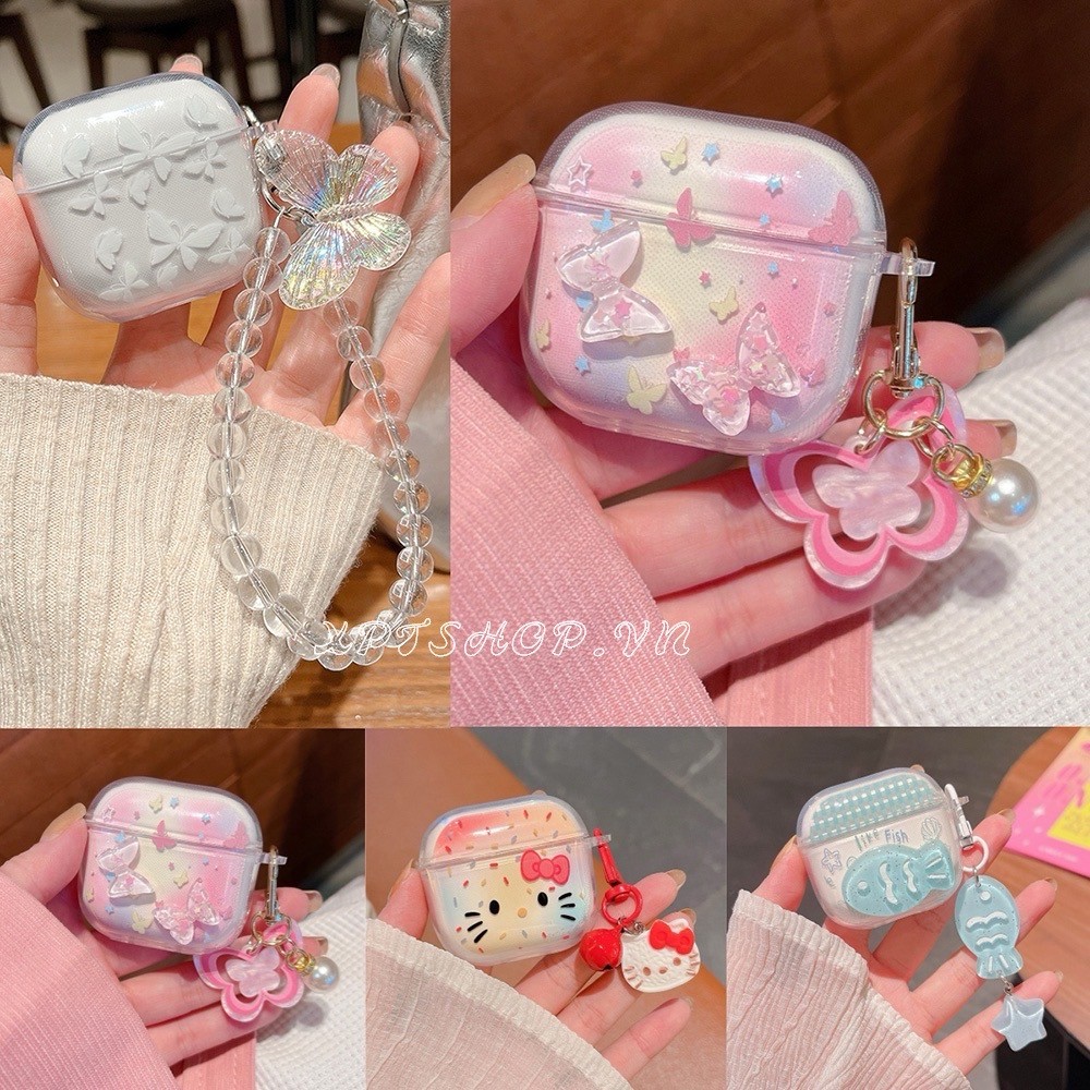 Vỏ Cat Butterfly Fish + Mặt dây chuyền cho AirPods Pro3 4 / 3 / 2 / 1 Vỏ tai nghe Pro Pro2