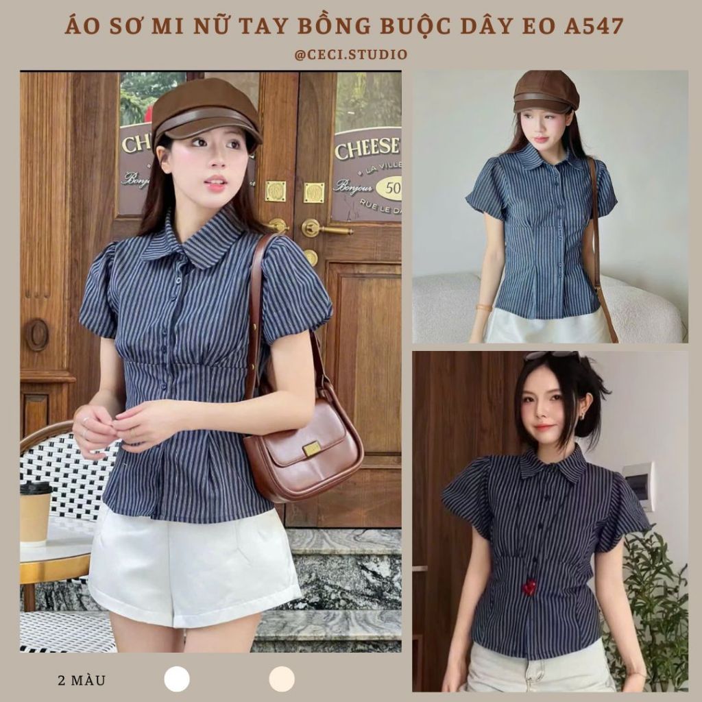 Áo Sơ Mi Nữ Tay Ngắn Bồng Cổ Đức Gấp Thắt Eo Dáng Lửng Chất Mềm Mát  - Ceci.studio - A547