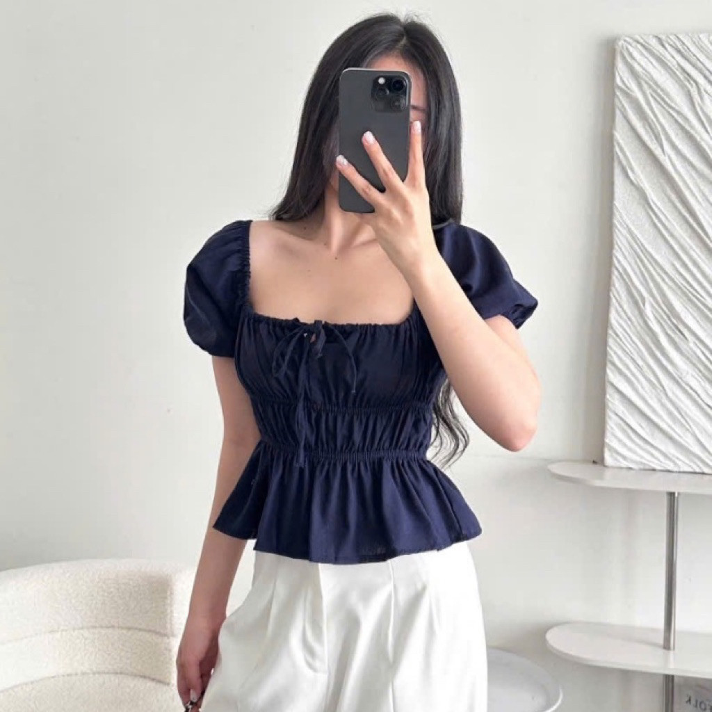 Áo babydoll linen kiểu xinh tay phồng tiểu thư công chúa bo thân nơ coquette ngực xinh xắn Sài Gòn M329