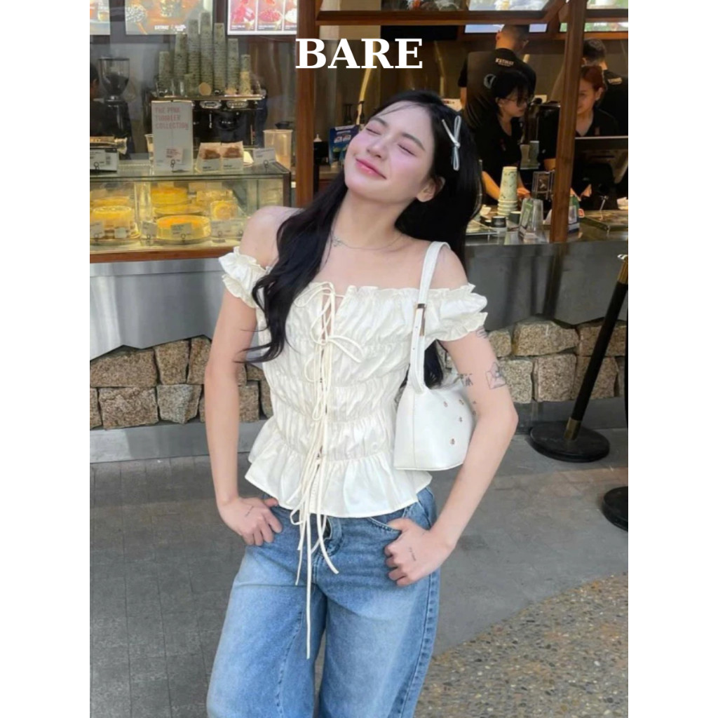 Áo Trễ Vai Croptop Cộc Tay Bo Chun Tiểu Thư Buộc Dây Mặc Được 2 Kiểu Cá Tính_A553