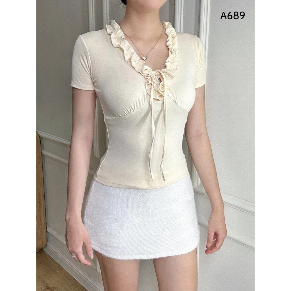 Áo Thun Nữ Cổ V Nhún Bèo Thắt Nơ Chất Cotton Mịn Ôm Body, Tôn Dáng Xinh Xắn_A689 -Sammi