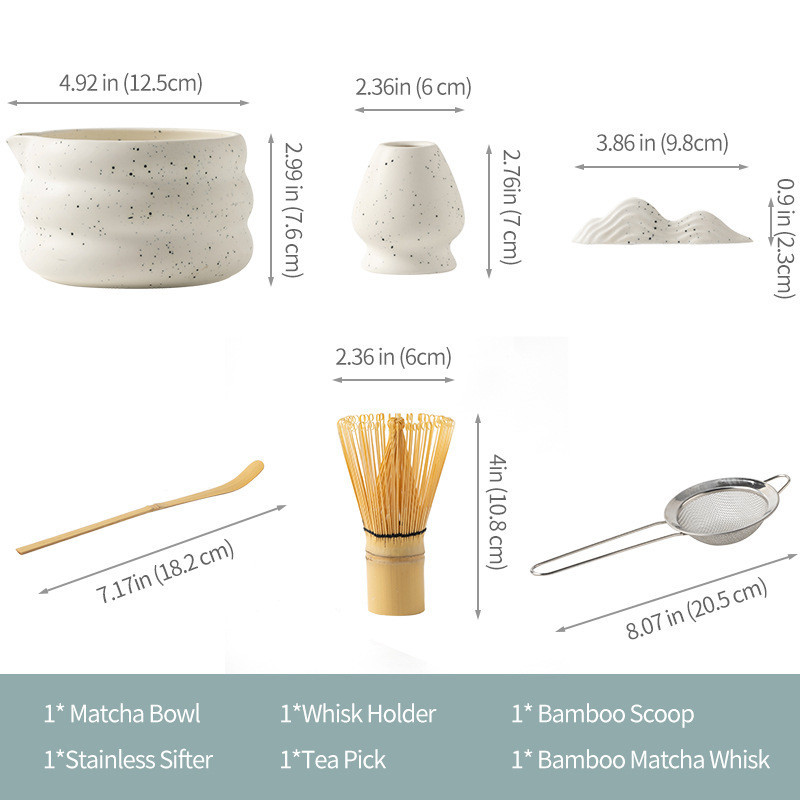 Bộ Dụng Cụ pha Matcha gồm Chawan, Chổi Chasen, Chân đế, Thìa tre, Rây lọc, Quà Tặng Cho Người Thích Uống Trà