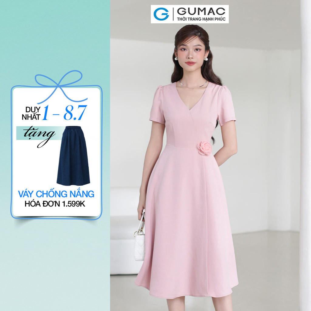 [SALE] Đầm nữ GUMAC A xòe cổ tim đính hoa hồng tím nữ GUMAC tính thanh lịch  DE03017