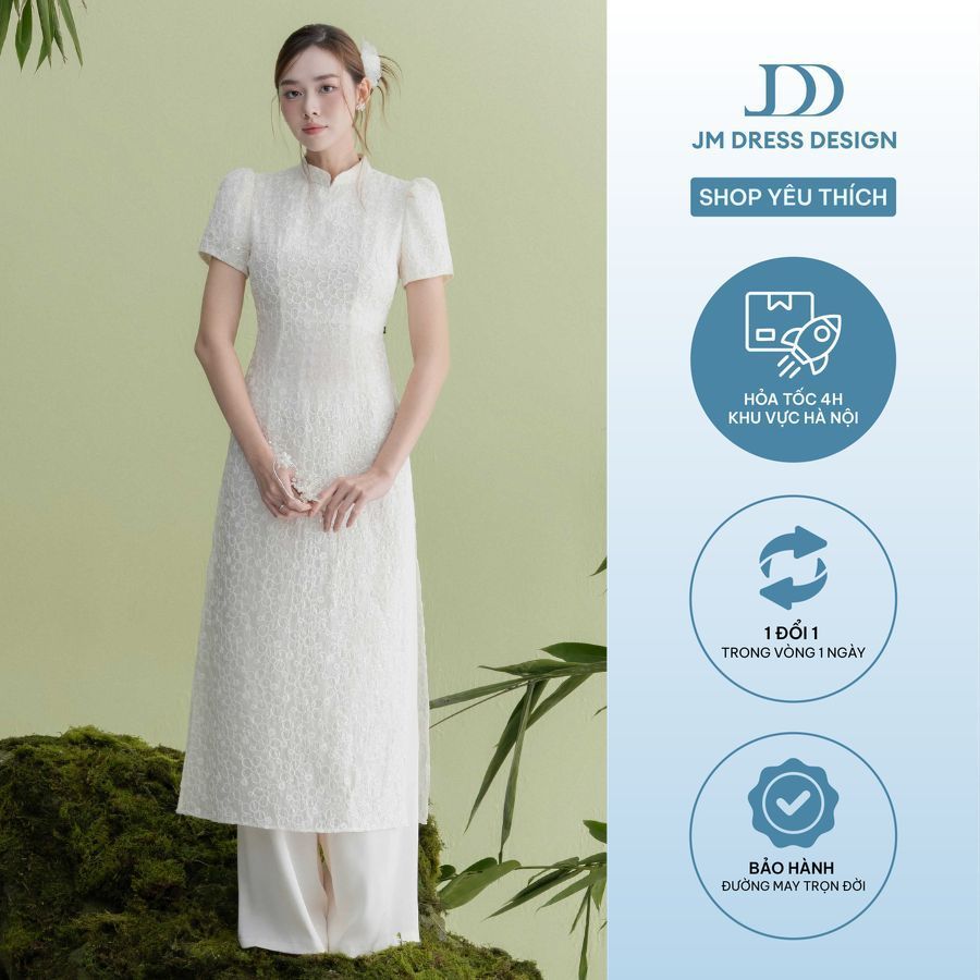 Áo Dài Thanh Khuê - Áo Dài Cổ Tàu, Tay Nhún Phồng Thêu Nổi Hoạ Tiết Hoa 2M05.2509 - Áo Dài Cách Tân Thanh Lịch By JM