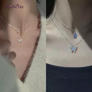 AqToCna Phong Cách Hàn Quốc Mặt Trăng Bướm Mặt Dây Chuyền Choker Nelace Hai Lớp Xương Đòn Dây Xích Dành Cho Nữ Cô Gái Trang Sức Phụ Kiện AqToCna