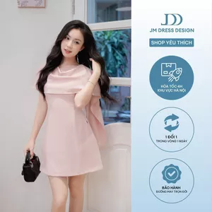 Đầm Cổ Giả Khăn Vắt Cài Hoa Dáng A 1F21.2509K. Đầm Tiệc Thanh Lịch Sang Trọng, Đầm Ngắn Nữ Dáng A Phủ Vai Cape Công Sở
