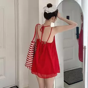 Áo yếm cổ dây đỏ mùa hè dành cho nữ Phong cách ngày lễ cay ngọt ngào dáng rộng vừa phải Dây đeo bên ngoài