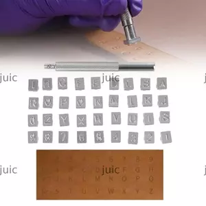 Bộ dập bảng chữ cái JUIC, 26 chữ cái viết hoa 33 cái / 37 cái Dụng cụ dập da, Bộ đục lỗ DIY 10 số thủ công Dụng cụ thủ công bằng da