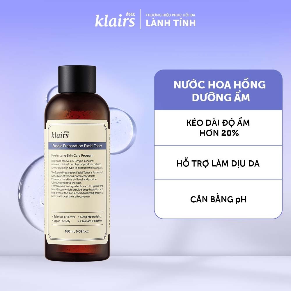 Nước hoa hồng Dear, Klairs Supple Preparation Facial Toner hỗ trợ làm sáng da 180ml [FS]