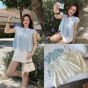 CÓ BIGSIZE Áo kiểu babydoll cổ bèo cúc cài hoạ tiết hoa nổi M65566066-- Usmark - Hieuvy Botique