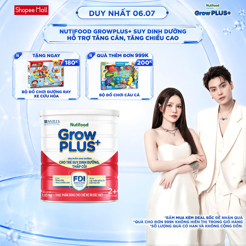 [Livestream Lucie] Sữa bột Nutifood GrowPLUS+ Suy Dinh Dưỡng (Đỏ) 2+ - Tăng Cân, Tăng Chiều Cao (Lon 1,65 Kg)