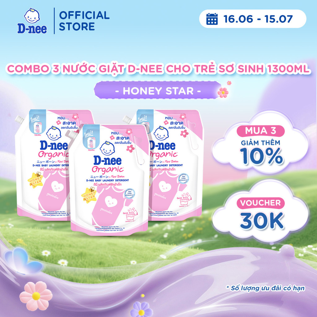 Combo 3 Nước giặt quần áo D-nee 1300ML - Honey Star (Pink) hương thơm dịu nhẹ, an toàn cho trẻ em