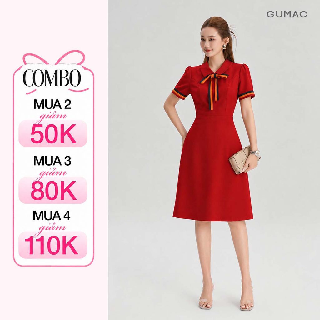 Đầm Nữ Dáng A Xòe GUMAC Nẹp Tay Phối Nơ Cổ Thanh Lịch Thiết Kế Công Sở Đi Chơi Dạo Phố LDE0614
